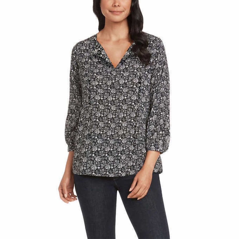 NWT Matty M Women 3/4 Sleeve Tie Front Top Black Floral Size XS $50 4D050